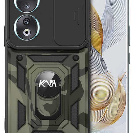 Kapa Tank Back Cover for Honor 90 (5G) | Inbuilt Ring + Slider Shockproof Lens Protection Bumper Back Case (Black)
