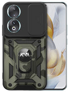 Kapa Tank Back Cover for Honor 90 (5G) | Inbuilt Ring + Slider Shockproof Lens Protection Bumper Back Case (Black)