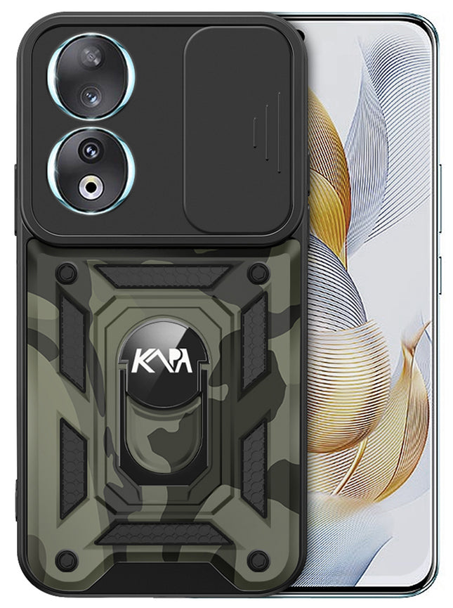 Kapa Tank Back Cover for Honor 90 (5G) | Inbuilt Ring + Slider Shockproof Lens Protection Bumper Back Case (Black)