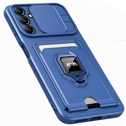Kapa Bisen Back Cover for Samsung Galaxy A34 (5G) | Inbuilt Camera Slider Ring Stand and Card Pocket Shockproof Slim Bumper Back Case (Blue)