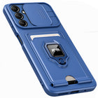Kapa Bisen Back Cover for Samsung Galaxy A34 (5G) | Inbuilt Camera Slider Ring Stand and Card Pocket Shockproof Slim Bumper Back Case (Blue)