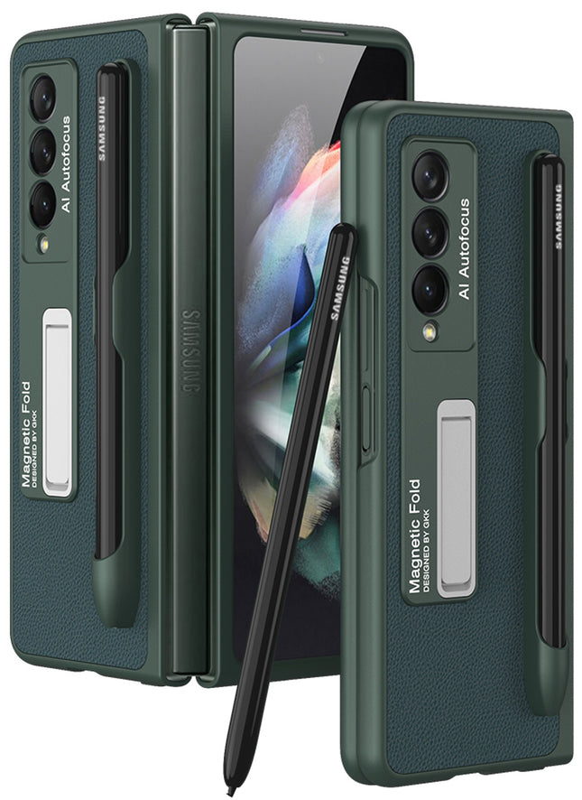 Leather Case With S Pen Holder for Samsung Galaxy Z Fold3 , Inbuilt Stand Hybrid Stand Protection Back Cover, Green