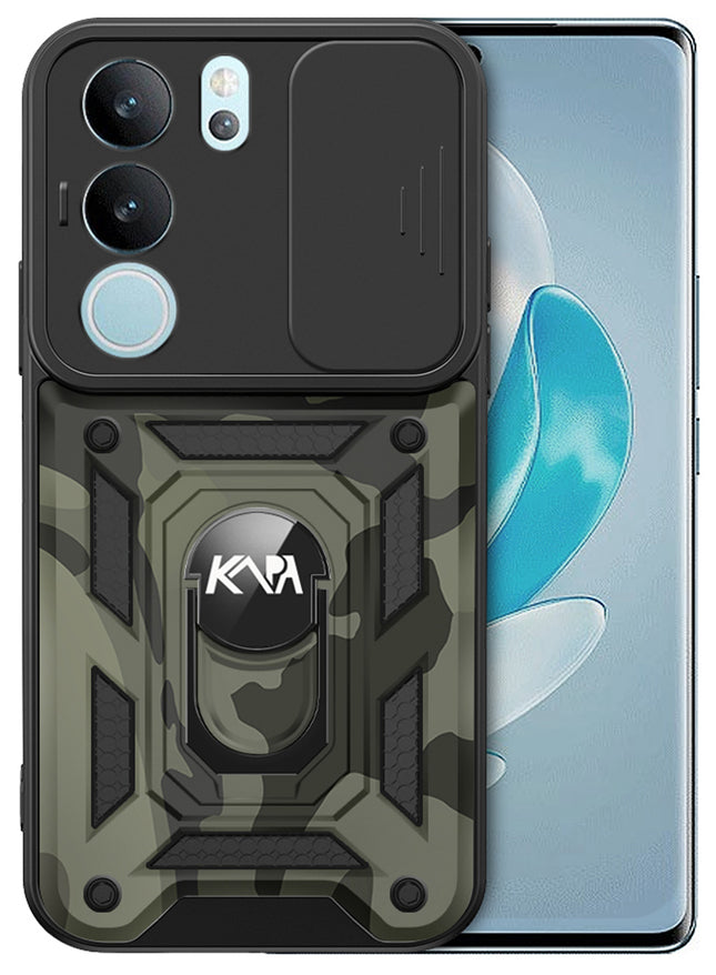 Kapa Tank Back Cover for Vivo V29 (5G) / Vivo V29 Pro (5G) | Inbuilt Ring + Slider Shockproof Lens Protection Bumper Back Case (Black)