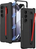 Kapa Contrast Magnetic Hinge Case for Samsung Galaxy Z Fold 5 | Inbuilt S-Pen Holder Stand Hybrid Back Cover (Black with Red Pen) - Mobizang