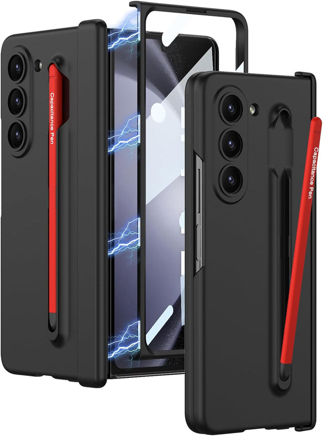 Kapa Contrast Magnetic Hinge Case for Samsung Galaxy Z Fold 5 | Inbuilt S-Pen Holder Stand Hybrid Back Cover (Black with Red Pen) - Mobizang