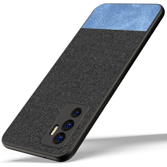 Soft Fabric & Leather Hybrid Protective Case Cover for Vivo V23E (Black ,Blue) - Mobizang