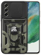 Tank Back Cover for Samsung Galaxy S21 FE, Inbuilt Ring + Slider Shockproof Lens Protection Case (Black)