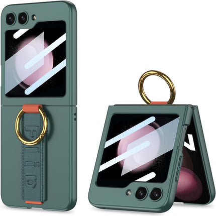 Kapa Shockproof Protective Band Back Cover for Z Flip 5 | Wrist Strap Ring Kickstand Inbuilt Screen Tempered Glass Case , Green