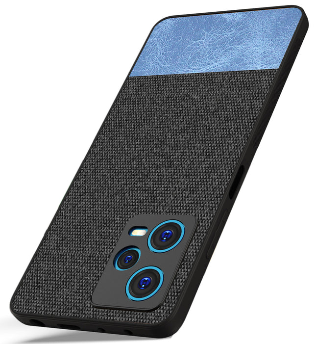 Kapa Soft Fabric & Leather Hybrid for Redmi Note 12 Pro Back Cover | Shockproof Hybrid Slim Hard Anti Slip Back Case (Black , Blue)