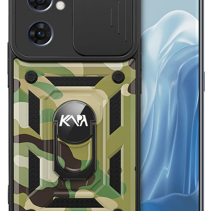 Kapa Tank Back Cover for Oppo Reno 7 (5G), Inbuilt Ring + Slider Shockproof Lens Case (Green)