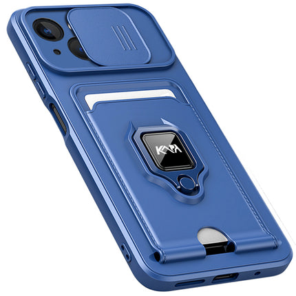 Kapa Bisen Back Cover for Apple iPhone 15 Plus | Inbuilt Camera Slider Ring Stand and Card Pocket Shockproof Slim Bumper Back Case (Blue)