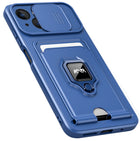 Kapa Bisen Back Cover for Apple iPhone 15 Plus | Inbuilt Camera Slider Ring Stand and Card Pocket Shockproof Slim Bumper Back Case (Blue)