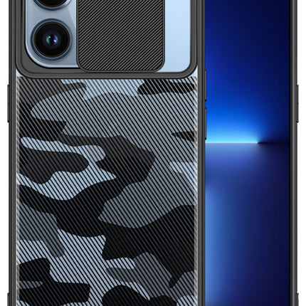 Camo Slider Back Cover for Apple iPhone 13 Pro Max , [Military Grade Protection] Shockproof Slim Clear Camera Shield Bumper Back Case (Black)