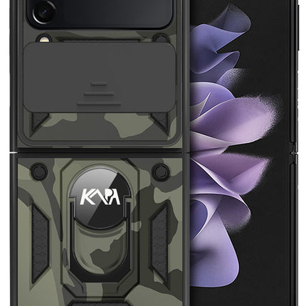 Tank Back Cover for Samsung Galaxy Z Flip 3 (5G) , Inbuilt Ring + Slider Shockproof Lens Protection Case (Black)