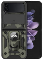 Tank Back Cover for Samsung Galaxy Z Flip 3 (5G) , Inbuilt Ring + Slider Shockproof Lens Protection Case (Black)