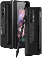 Leather Case With S Pen Holder for Samsung Galaxy Z Fold3 , Inbuilt Stand Hybrid Stand Protection Back Cover, Black