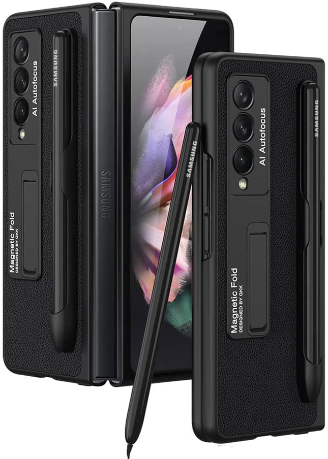 Leather Case With S Pen Holder for Samsung Galaxy Z Fold3 , Inbuilt Stand Hybrid Stand Protection Back Cover, Black