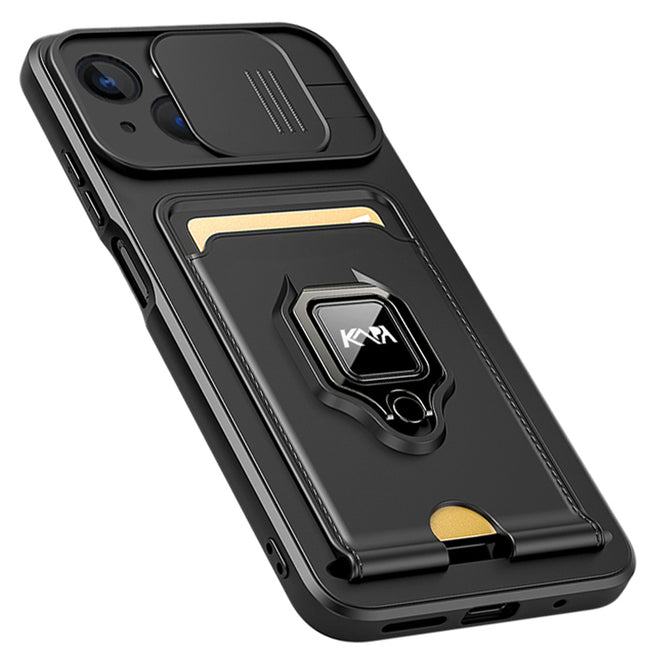 Kapa Bisen Back Cover for Apple iPhone 15 | Inbuilt Camera Slider Ring Stand and Card Pocket Shockproof Slim Bumper Back Case (Black)