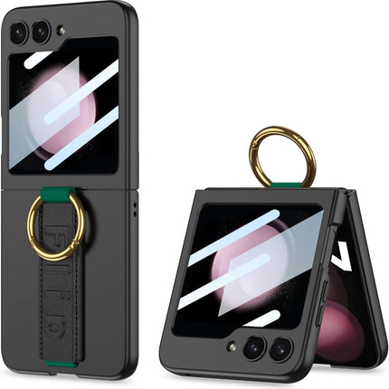 Kapa Shockproof Protective Band Back Cover for Z Flip 5 | Wrist Strap Ring Kickstand Inbuilt Screen Tempered Glass Case , Black