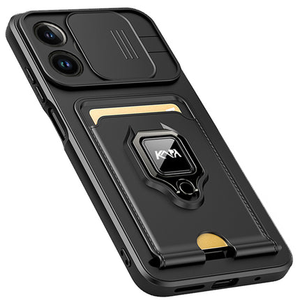 Bisen Back Cover for Apple iPhone 13 Pro Max (6.7) , Inbuilt Camera Slider ,Ring Stand and Card Pocket Shockproof Slim Bumper Back Case (Black)