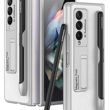 Leather Case With S Pen Holder for Samsung Galaxy Z Fold3 , Inbuilt Stand Hybrid Stand Protection Back Cover, Silver