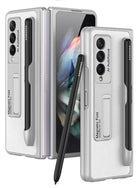 Leather Case With S Pen Holder for Samsung Galaxy Z Fold3 , Inbuilt Stand Hybrid Stand Protection Back Cover, Silver