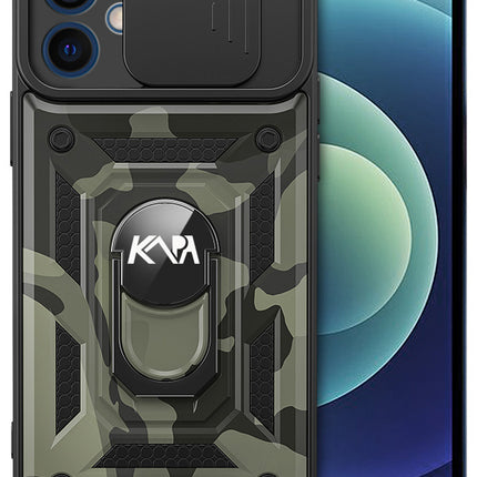 Tank Back Cover for Apple iPhone 12 (6.1) , Inbuilt Ring + Slider [Military Grade Protection] Shockproof Lens Protection Case (Black)