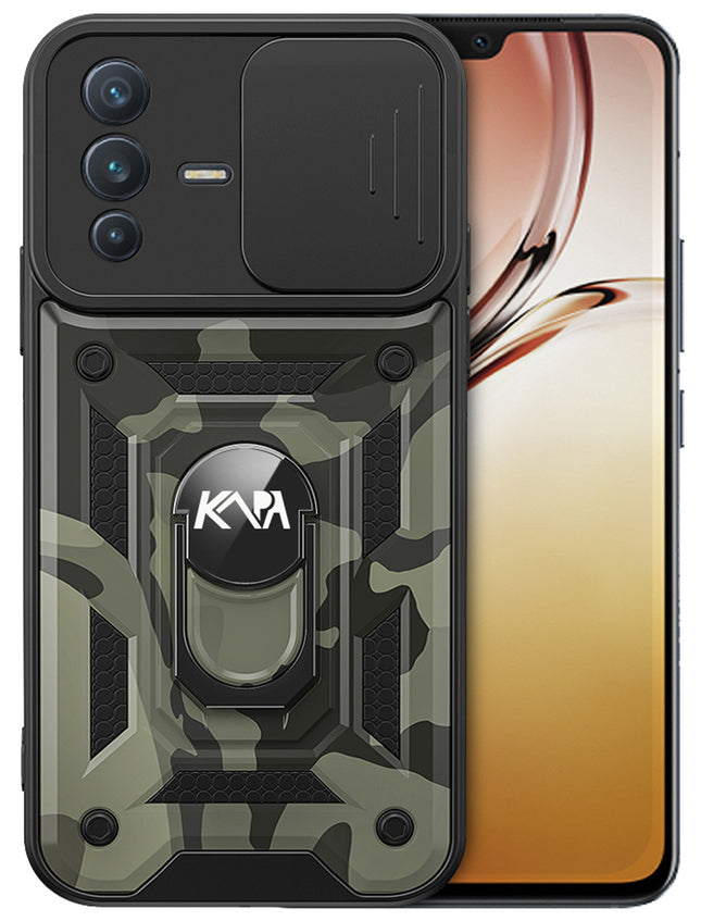 Tank Back Cover for Vivo V23 , Inbuilt Ring + Slider Shockproof Lens Protection Case (Black) - Mobizang