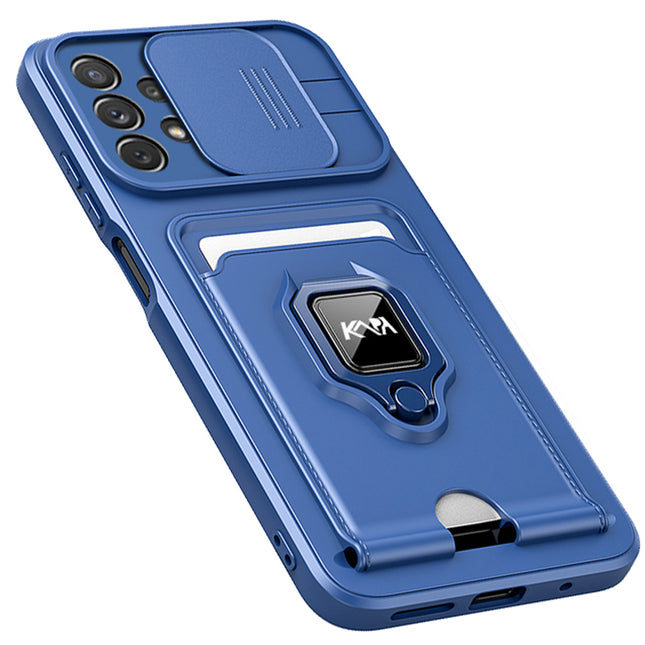 Bisen Back Cover for Samsung Galaxy A73 (5G) , Inbuilt Camera Slider ,Ring Stand and Card Pocket Shockproof Slim Bumper Back Case (Blue) - Mobizang