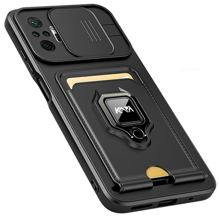 Kapa Bisen Back Cover for Redmi Note 10 Pro / Note 10 Pro Max , Inbuilt Camera Slider Ring Stand and Card Pocket Shockproof Slim Bumper Back Case (Black)