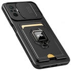 Kapa Bisen Back Cover for Redmi Note 10 Pro / Note 10 Pro Max , Inbuilt Camera Slider Ring Stand and Card Pocket Shockproof Slim Bumper Back Case (Black)