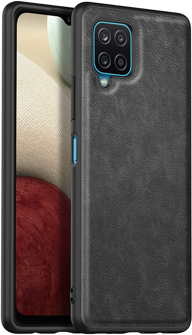 Tux Back Case for Samsung Galaxy A12 / F12 / M12 , Slim Leather Case with Soft Edge Shockproof Back Cover (Black) - Mobizang
