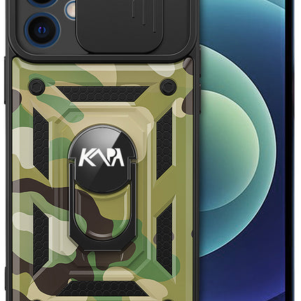 Tank Back Cover for Apple iPhone 12 (6.1) , Inbuilt Ring + Slider [Military Grade Protection] Shockproof Lens Protection Case (Green)