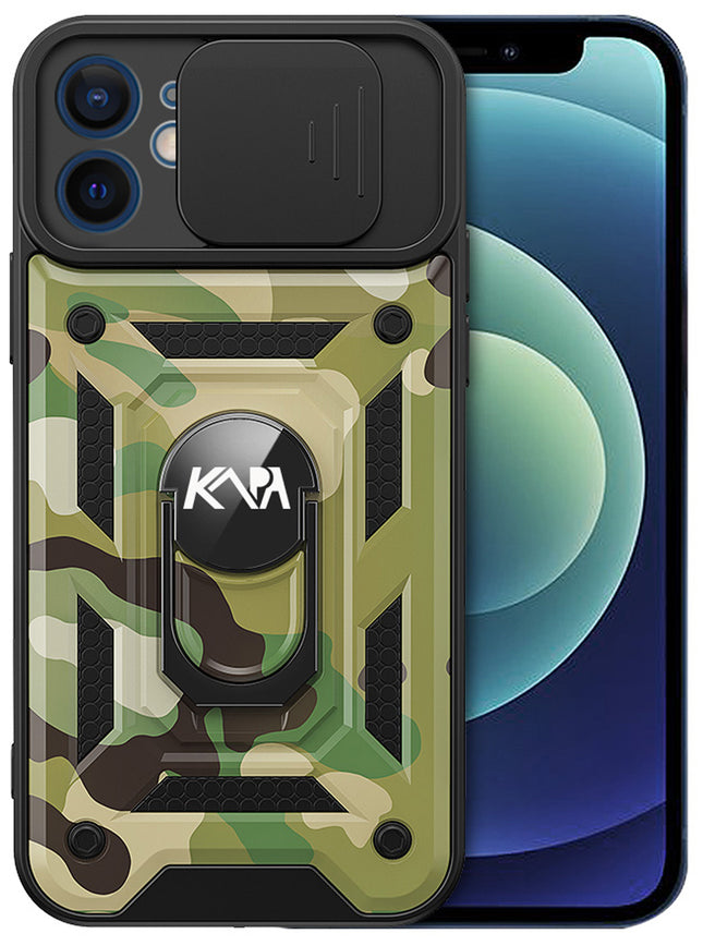 Tank Back Cover for Apple iPhone 12 (6.1) , Inbuilt Ring + Slider [Military Grade Protection] Shockproof Lens Protection Case (Green)