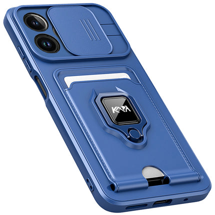 Kapa Bisen Back Cover for Apple iPhone 15 Pro | Inbuilt Camera Slider Ring Stand and Card Pocket Shockproof Slim Bumper Back Case (Blue)