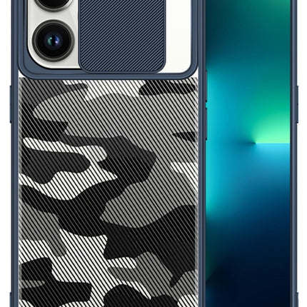 Camo Slider Back Cover for Apple iPhone 13 Pro Max , [Military Grade Protection] Shockproof Slim Clear Camera Shield Bumper Back Case (Blue)