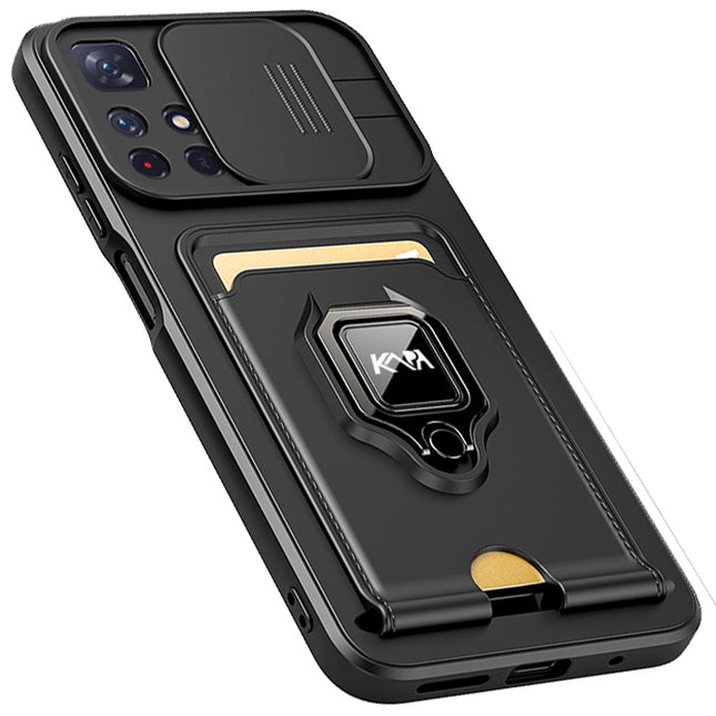 Bisen Back Cover for Redmi Note 11T  (5G) , Inbuilt Camera Slider ,Ring Stand and Card Pocket Shockproof Slim Bumper Back Case (Black)