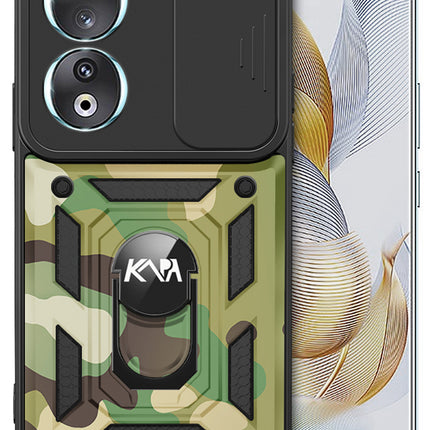 Kapa Tank Back Cover for Honor 90 (5G) | Inbuilt Ring + Slider Shockproof Lens Protection Bumper Back Case (Green)