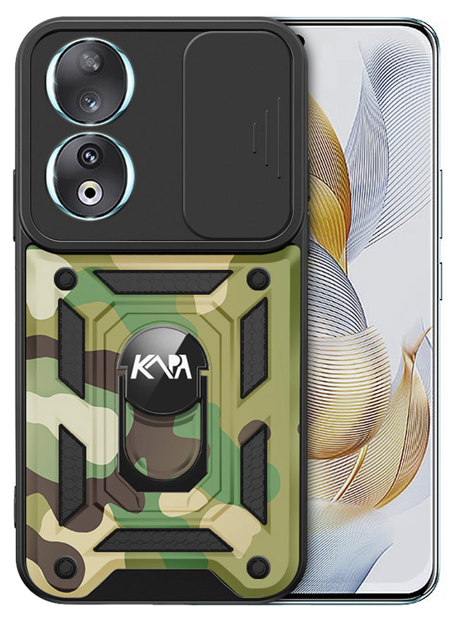Kapa Tank Back Cover for Honor 90 (5G) | Inbuilt Ring + Slider Shockproof Lens Protection Bumper Back Case (Green)