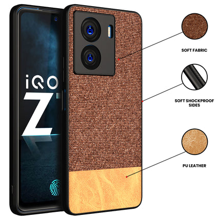 Kapa Soft Fabric & Leather Hybrid Protective Case Cover for IQOO Z7 / Z7S (5G) | Shockproof Slim Hard Anti Slip Back Case (Brown) - Mobizang