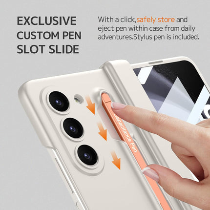 Kapa Contrast Magnetic Hinge Case for Samsung Galaxy Z Fold 5 | Inbuilt S-Pen Holder Stand Hybrid Back Cover (Cream with Orange Pen) - Mobizang