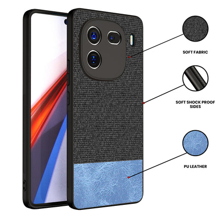 Kapa Soft Fabric & Leather Hybrid Protective Back Cover for Iqoo 12 (5G) | Shockproof Slim Hard Anti Slip Back Case (Black , Blue) - Mobizang
