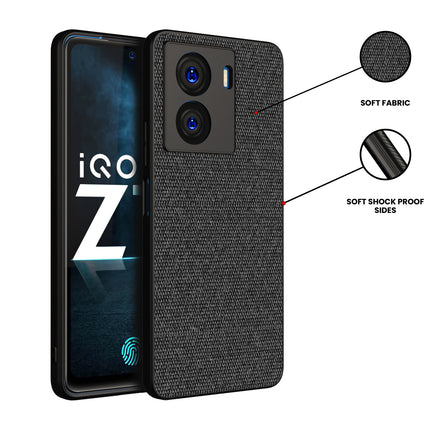 Kapa Soft Full Fabric Protective Back Case Cover for IQOO Z7 / Z7S (5G) | Shockproof Slim Hard Anti Slip Back Case (Black) - Mobizang