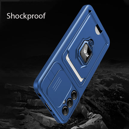 Kapa Bisen Back Cover for Samsung Galaxy A34 (5G) | Inbuilt Camera Slider Ring Stand and Card Pocket Shockproof Slim Bumper Back Case (Blue)