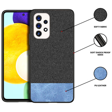 Soft Fabric & Leather Hybrid for Samsung Galaxy A73 Back Cover, Shockproof Protection Slim Hard Back Case (Black ,Blue)