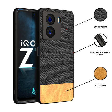 Kapa Soft Fabric & Leather Hybrid Protective Case Cover for IQOO Z7 / Z7S (5G) | Shockproof Slim Hard Anti Slip Back Case (Black,Brown)