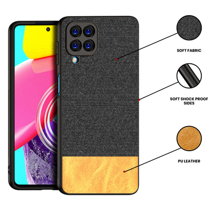 Soft Fabric & Leather Hybrid Protective Back Case Cover for Samsung Galaxy M53 (5G) (Black , Brown)