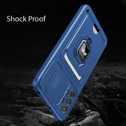 Bisen Back Cover for Samsung Galaxy A73 (5G) , Inbuilt Camera Slider ,Ring Stand and Card Pocket Shockproof Slim Bumper Back Case (Blue) - Mobizang