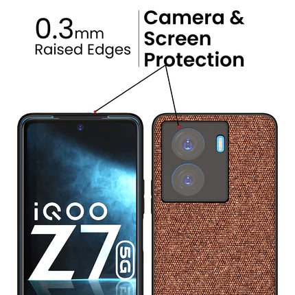 Kapa Soft Fabric & Leather Hybrid Protective Case Cover for IQOO Z7 / Z7S (5G) | Shockproof Slim Hard Anti Slip Back Case (Brown) - Mobizang