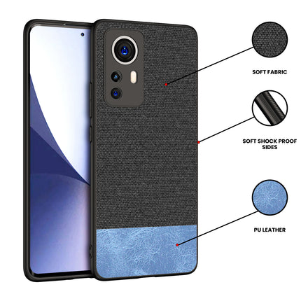 Soft Fabric & Leather Hybrid Protective Back Case Cover for Xiaomi 12 PRO (5G) (Black , Blue)